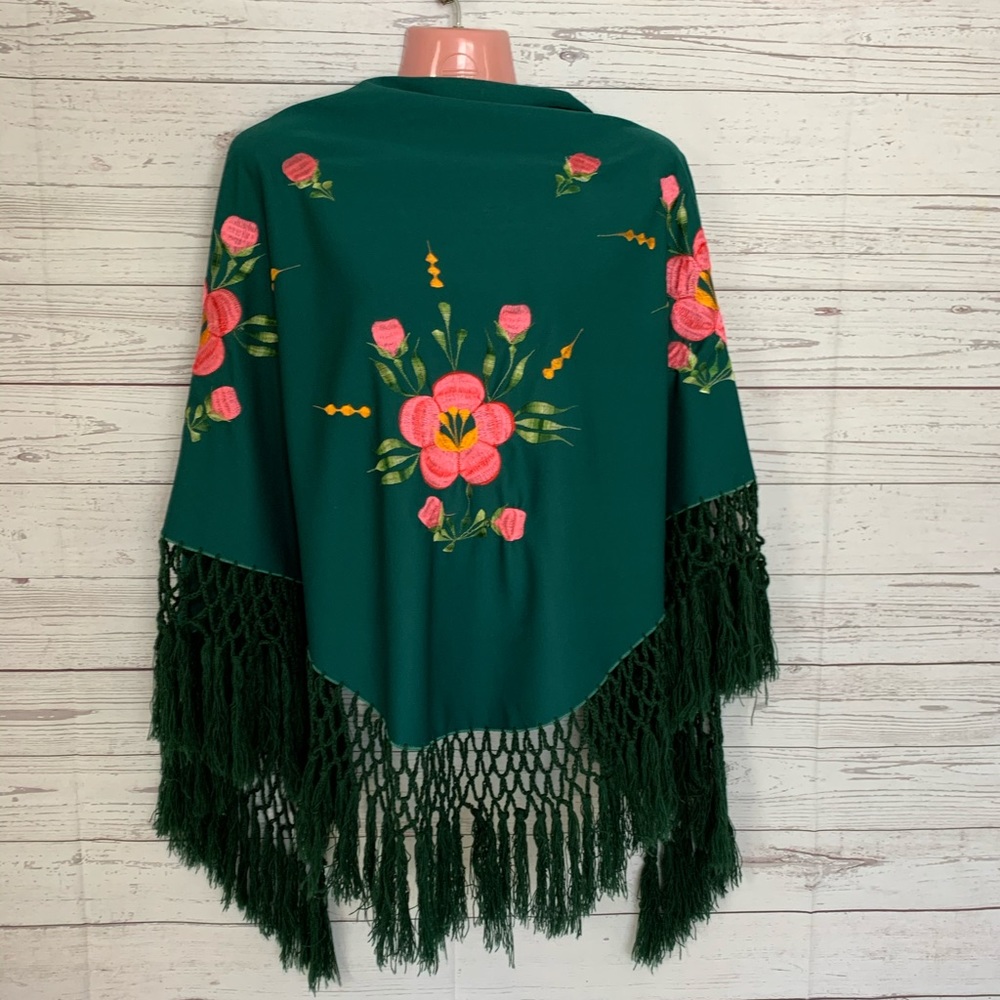 Gorgeous Vintage Embroidered Fringed Shawl